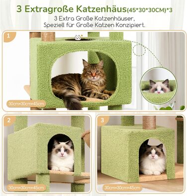Комплекс для котів Globlazer XXL (203 см) для 4-6 великих котів, з 3 будиночками, платформами, кошиком та іграшками, стійкий, зелений