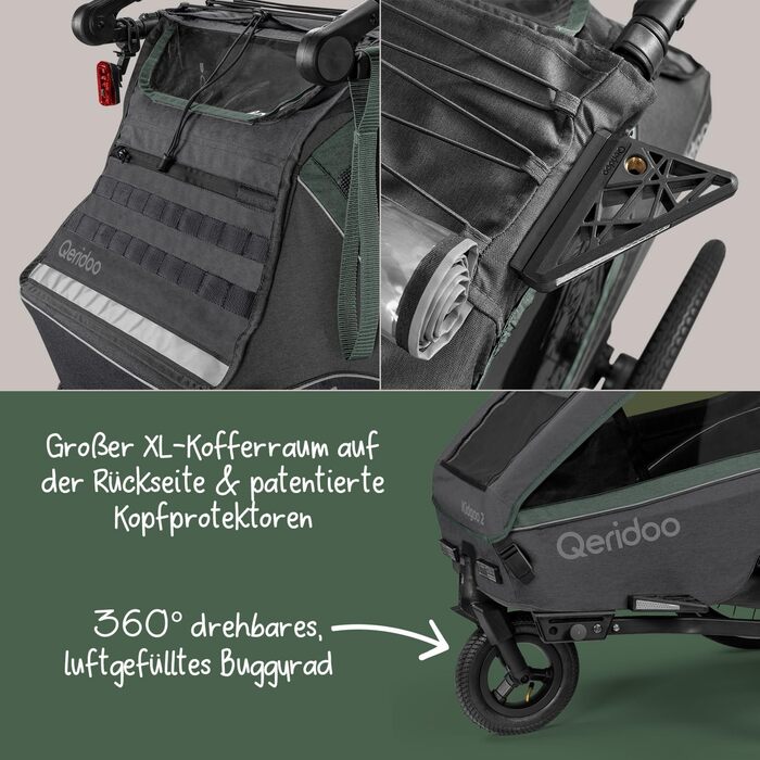 Qeridoo Kidgoo 2: Причіп для велосипеда на 2 дітей з підвіскою та ARS, коляска-візок, дитячий велопричіп, вантажний відсік 45L, Ivy Green