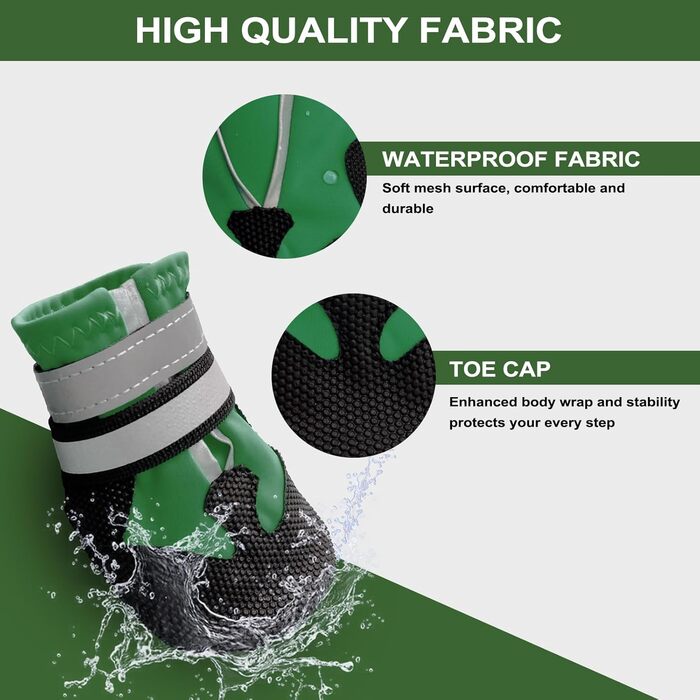 Чоботи для собак, 4 шт., водонепроникні, антиковзаючі, з відбиваючим ремінцем, чоботи для собак, захист лап для маленьких, середніх та великих собак (XL, зелений)