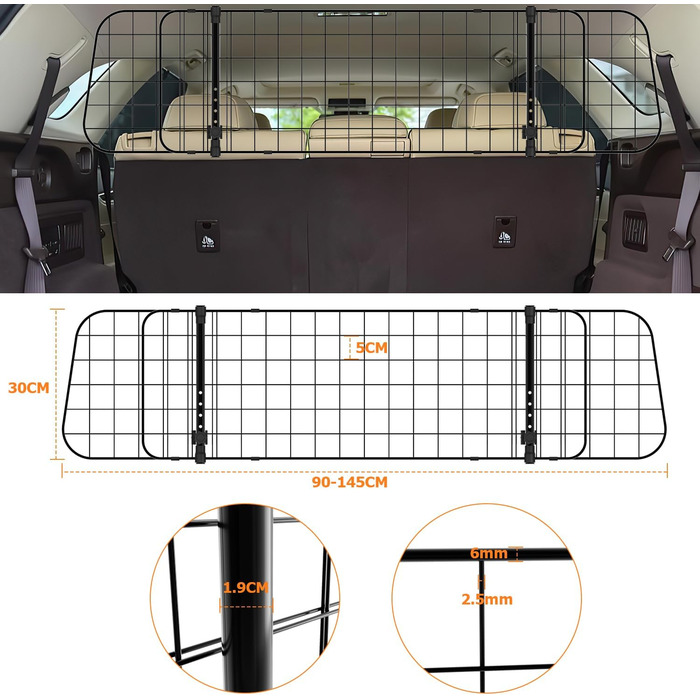 Сітка для собак у машину Herrselsam, перегородка в багажник, захист для собак, регульована ширина, з кріпленням на ремінь безпеки