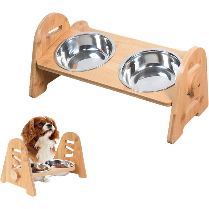 Набір мисок для собак та котів SilverChry: підняті миски з нержавіючої сталі, регульована висота, бамбукова годівниця, 2 шт.