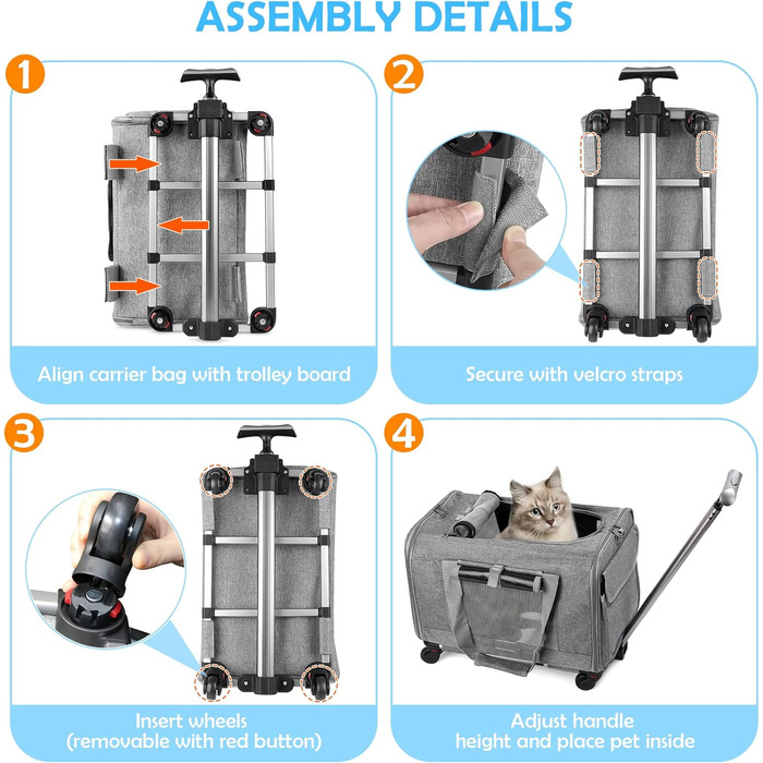 Переноска для тварин ALLSOPETS з колесами для котів та собак, схвалена для авіаперельотів, з висувним ручками, знімними колесами та плечовим ременем, портативна сумка для маленьких тварин (сіра)