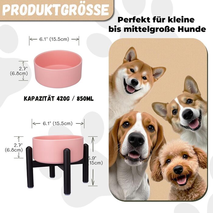 Підвищена годівниця для собак, керамічна миска для корму з нержавіючої сталі, діаметр 15,5 см, об'єм 850 мл, білий колір (середній, рожевий)