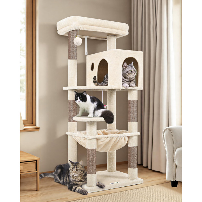 Комплекс для котів Globlazer Kratzbaum Бежевий з гамаком 45x40 см, будиночком та платформою 137 см - дряпка для котів в приміщенні