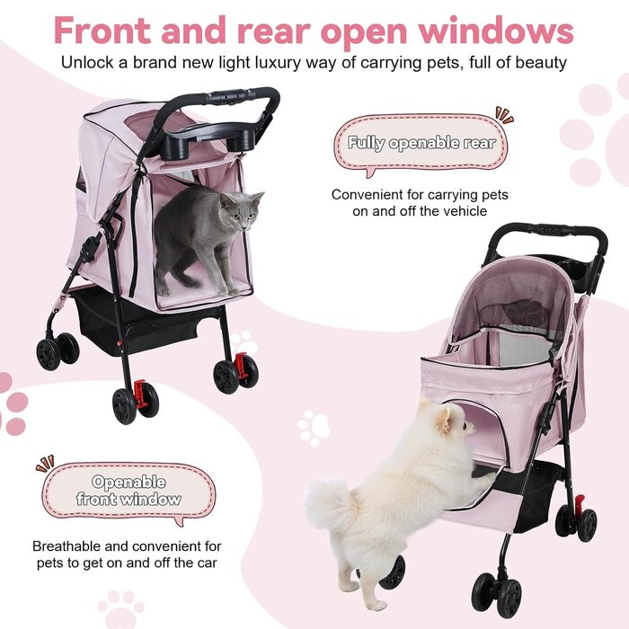 Складаний візок для тварин та дітей з обертовими колесами на 360°, кошиком для зберігання, міцним металевим каркасом та дихаючими сітковими віконцями – портативний переносник для котів та собак до 22 кг (Рожевий)