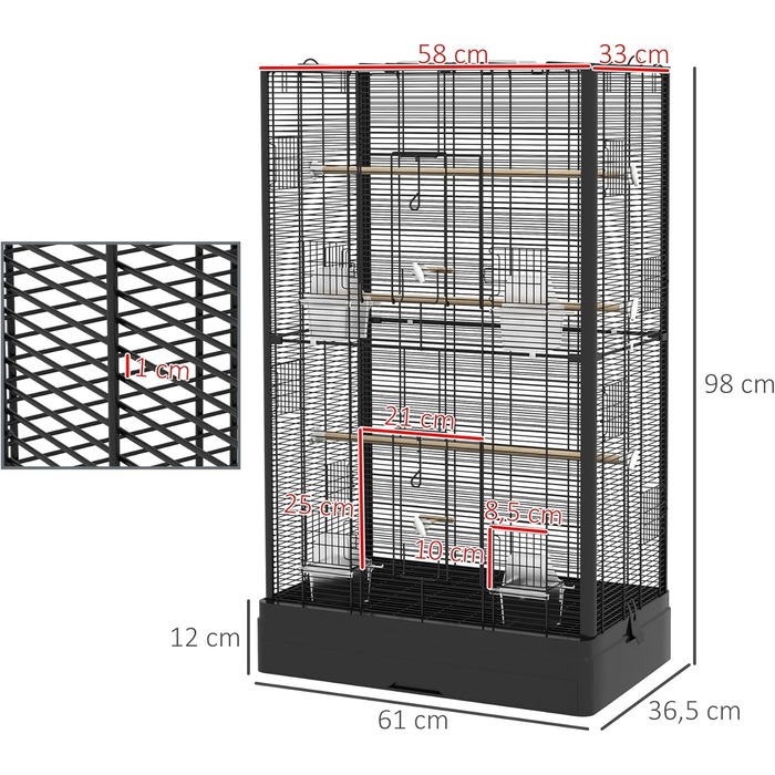 Клітка для птахів PawHut 61x36,5x98 см, чорна, з дверцятами, жердочками, висувним піддоном, годівницями та ручками для корел, хвилястих папуг, канарок, амадин