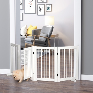 PawHut Barrier Dog 4 частини, 220 x 91 см складні ворота з дверима, окремо стоячі ворота для собак з 2 опорними ніжками, дерев'яні сходові ворота для передпокою, кухні, сходів, білі | Аосом