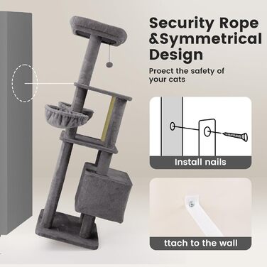 Дерев'яний кігтеточки для котів Gardner Pet Katzenbaum, 105 см, з платформою, 2 печерами, кошиком, сірий, для дому