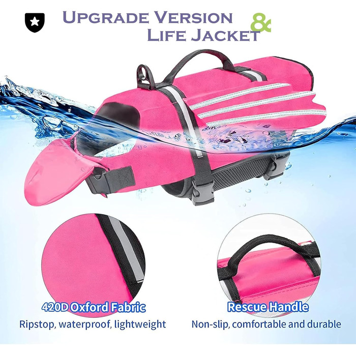 Рятувальний жилет для собак з плавниками, для собак з проблемами підборіддя, легкий та безпечний для водних видів спорту, з ручкою та світловідбиваючими елементами для малих, середніх та великих собак (L, Рожевий)