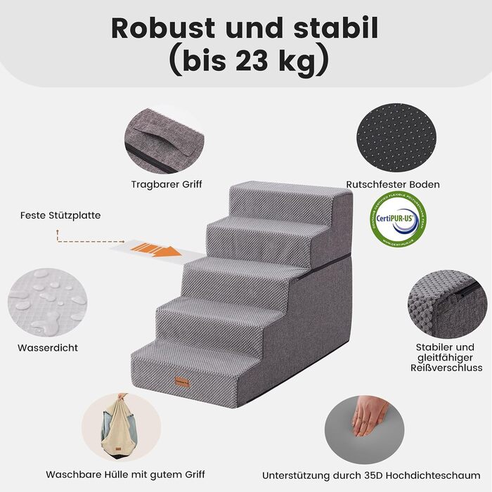 Сходи для собак Gardner Pet 2-в-1, 3 ступені, регульована висота 23/36 см, сірі (висота 58 см)
