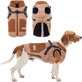 Тепла куртка для собак на зиму з поворотком для повідка, кишенями та світловідбиваючими смугами. Модна зимова жилетка для маленьких собак (Хакі M)