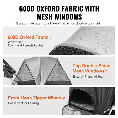 Візок для собак VEVOR, 79x46x102 см, до 16 кг, складаний, алюмінієвий каркас, Oxford 600D, сітчасті вікна, EVA колеса