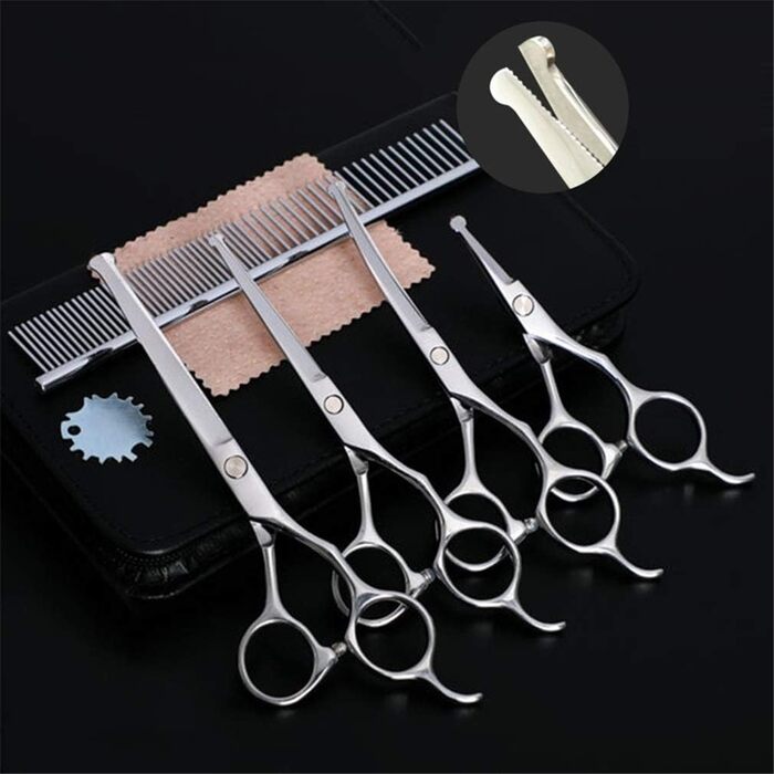 Набір професійних ножиць для грумінгу тварин (6 дюймів, 4 шт.) з нержавіючої сталі. Ножиці для догляду за собаками з закругленими кінцями та вигнутим лезом. Гребінець для грумінгу в комплекті.