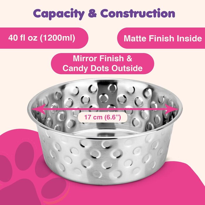 Набори мисок для собак та котів з нержавіючої сталі (2 шт.) | Миски для води з неслизьким дном | Миски для тварин, придатні для миття в посудомийній машині, 1200 мл, діаметр 17 см (Candy Dots)