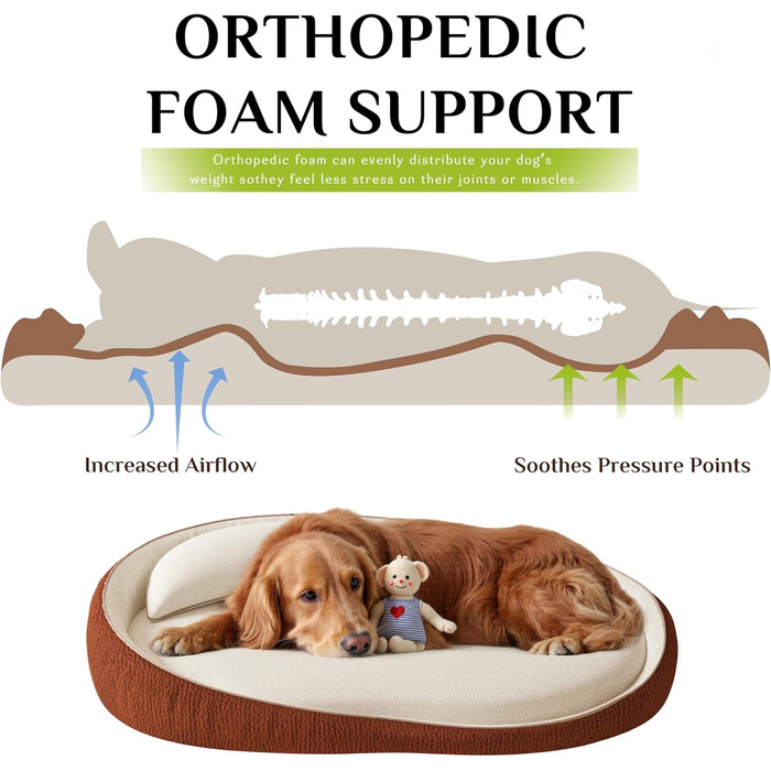 Ортопедичне собаче ліжко XXL з подушкою – комфортне собаче ліжко-софа з піною з пам'яті, знімний та пральний чохол – для великих собак, міцне та затишне, помаранчеве
