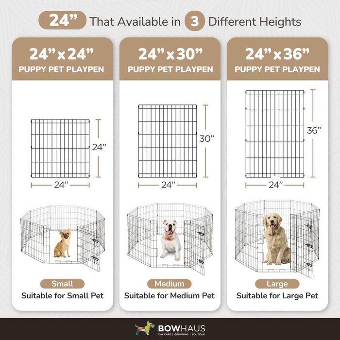 BOWHAUS Розкладний вольєр для собак (8 панелей), металевий, для дому та вулиці, 76.2 см