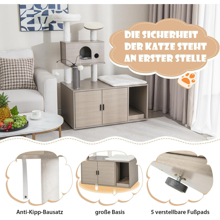 Дім-кігтеточка для котів COSTWAY з будиночком, ігровим м'ячиком та подушкою, сірий, 95x55,5x132 см