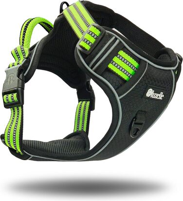 Шлейка для собак середніх порід Bluzelle з ручкою та кишенею для GPS-трекера, світловідбиваюча, дихаюча, зелена (L, чорний 3)