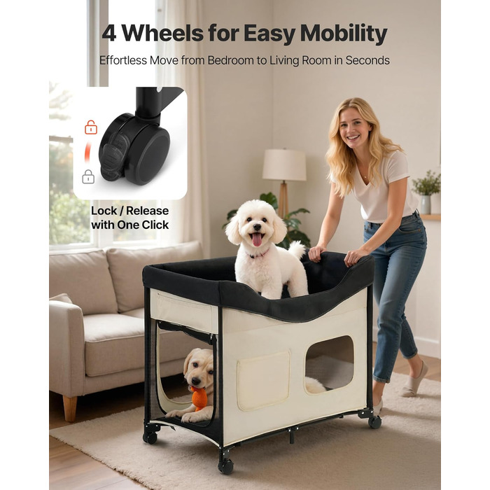 Підвищене ліжко для домашніх тварин VEVOR (L), складане ліжко для собак з оксфордської тканини 600D та голландського бархату, портативне дитяче ліжко з колесами та боковими кишенями, у комплекті сумка, Бежевий