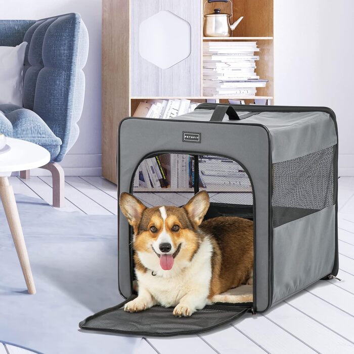Складана переноска для собак Petsfit з плюшевим матрацом 3 см, портативний контейнер для середніх собак, для подорожей, сірий, розмір M 61x46x53.5 см