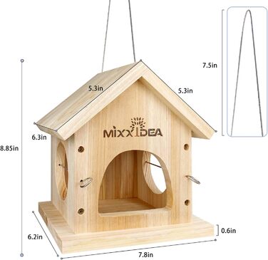Годівниця для птахів Mixxidea з дерева, багатофункціональна годівниця для диких птахів, підвісна, з кедрової деревини, легко чистити та заповнювати, дерев'яного кольору
