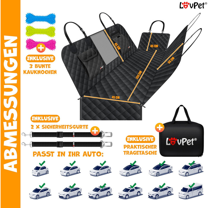Захисний килимок Lovpet® для собак у машину 2в1: для заднього сидіння та багажника з боковим захистом та оглядовим вікном. Водовідштовхуючий, універсальний, чорний. В комплекті аксесуари.