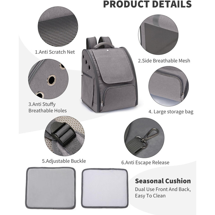 Рюкзак для собак та котів PETCUTE: дихаючий, складаний, для малих порід, сірий