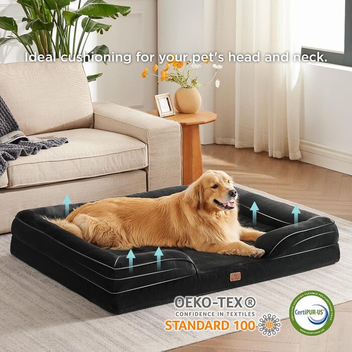 Ортопедичне ліжко для собак BEDSURE - 134x106 см. Зручне ліжко-софа для великих собак з ергономним пінопластом, чорного кольору. Легко миється, не слизьке. Розміри: 134 x 106 x 20 см