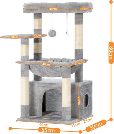 Котячий будиночок Heybly HCT008SW: міцний котячий будиночок з великим м'яким лежаком, місцем для сну та сизалевими стовпчиками для дряпання, сірий