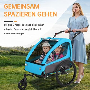 Дитячий велопричіп 2в1 Kinderkraft з функцією візка та бігуна, амортизація, регульована ручка та гальма, для 1-2 дітей до 40 кг (Блакитний)