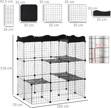 Клітка для котів PawHut з пробігом, 3 яруси, 2 двері, пандус, металевий каркас, 105 x 70 x 116 см, чорна