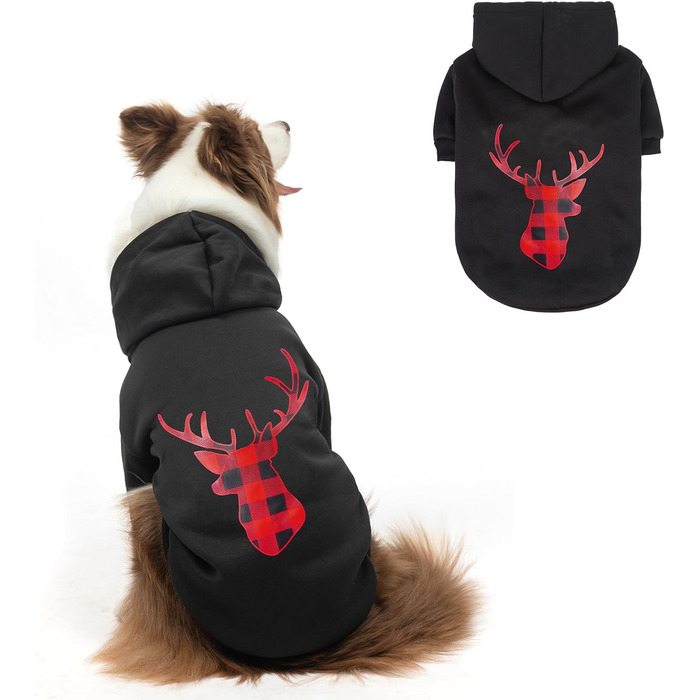 Теплий флісовий светр для собак SCENEREAL з капюшоном, розмір S (чорний, принт 'Олень'), для холодної погоди, костюм на Хелловін з отвором для повідка, листя клена