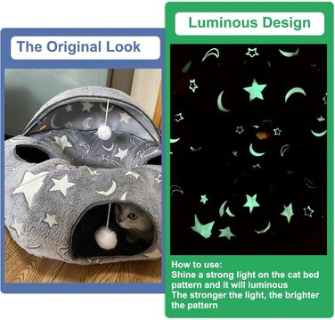 Кішка ліжко з підсвіткою, великий плюшевий тунель для котів з м'ячиком, велика шуршача печера для котів, іграшка для котів, кроликів або цуценят, сірий колір + світиться в темряві