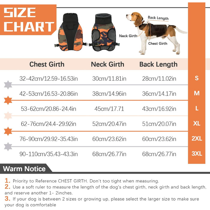 Водонепроникний зимовий одяг для собак - тепла куртка для собак, одяг для маленьких, середніх та великих собак, пуловер для собак з безпечними світловідбиваючими смугами для лабрадорів, чихуахуа, французьких бульдогів, 3XL, помаранчевий камуфляж