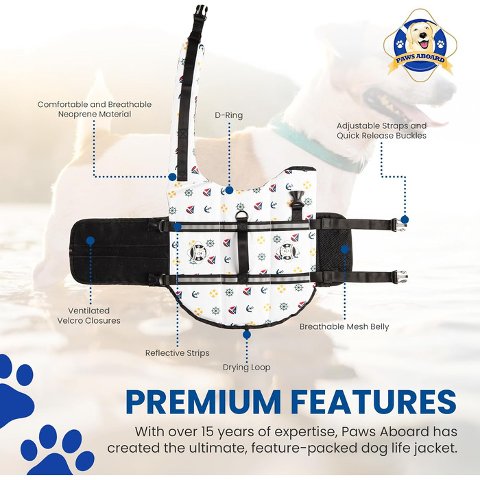 Жилет для плавання собак Paws Aboard – регульований, світловідбиваючий, зручний, розміри XXS-XL
