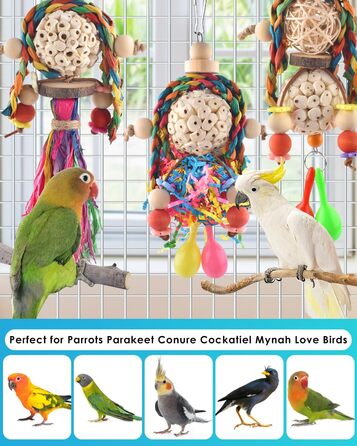 Іграшка для папуг Bissap Conure, 3 шт., підвісна іграшка для папуг, соляні кульки з піщаним молотком для маленьких папуг, хвилястих папужок, корел, амадин, для розвитку та пошуку корму