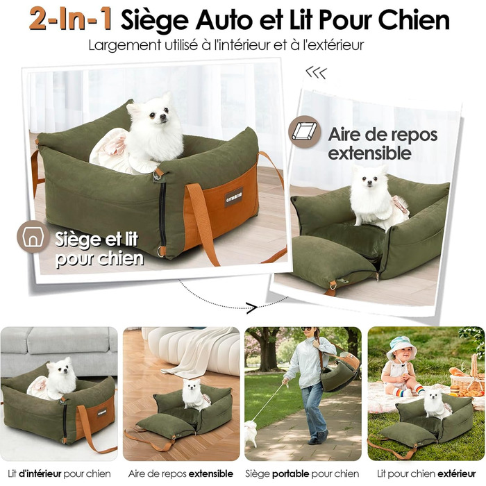 Автокрісло для собак, кошик для тварин, переноска для собак до 15 кг, з висувною зоною відпочинку, з безпечним кріпленням, зелене