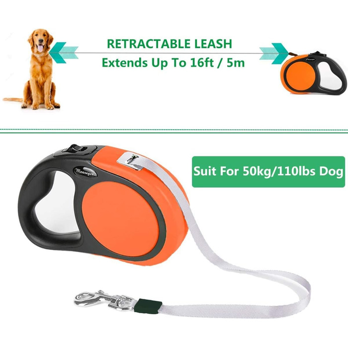 Висувна собача повідка для малих порід (до 50 кг) – подвійний колір, 4.8 м, з мішками для екскрементів, відбиваюче тросик, управління ключем, 360°, оранжево-червоний візерунок 