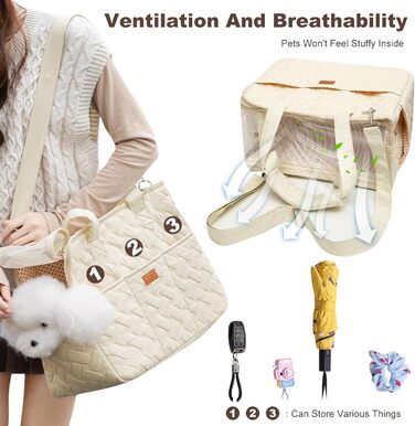 PETCUTE Сумка-переноска для собак та котів, дихаюча переноска для маленьких собак до 6 кг, сумка-переноска на плече з кишенями, переноска для собак з знімним килимком, M, Бежевий