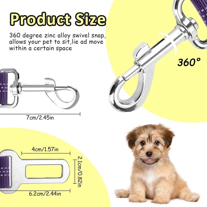 Ремінь безпеки для собак у машину, еластичний, подвійний, регульований (фіолетовий)