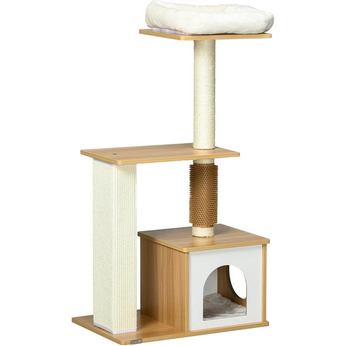 Дерев'яний кігтеточки PawHut для котів, 114 см, з будиночком та кігтедробилкою, для котів до 5 кг, дуб