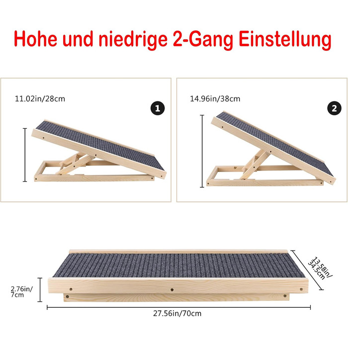 Сходинки для собак, складані, для дивана, авто та ліжка. Дерев'яна рампа для собак, регульована висота 30/40/50/60 см, з антиковзким килимком (70х35х30/40 см)