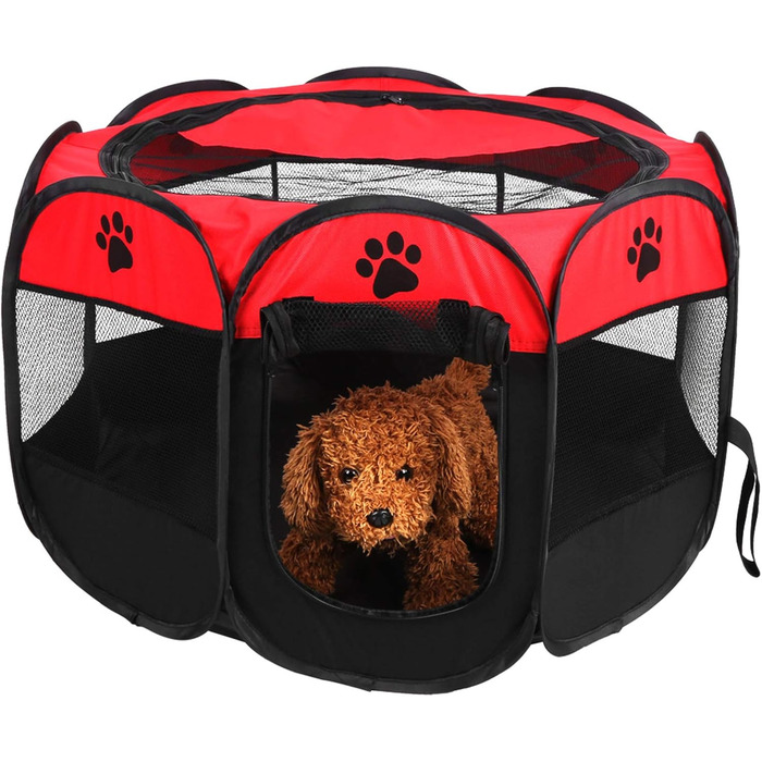 Складане зоо-намет для тварин на 8 панелей з бічною сіткою – вольєр для вигулу домашніх тварин з дверцятами на блискавці для використання в приміщенні та на вулиці, для подорожей, кемпінгу 68 x 45 см (Червоний)
