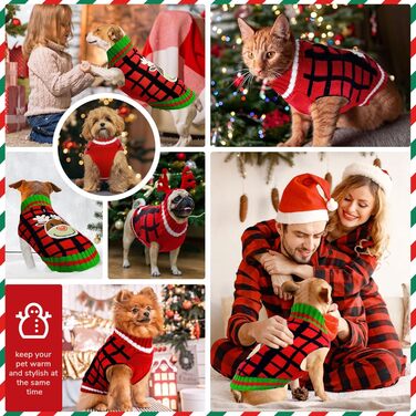 Теплий святковий пуловер для собак з отвором для шлейки, червоний в клітинку, олень. Підходить для малих, середніх та великих собак, котів. Ідеальний для осені та зими.