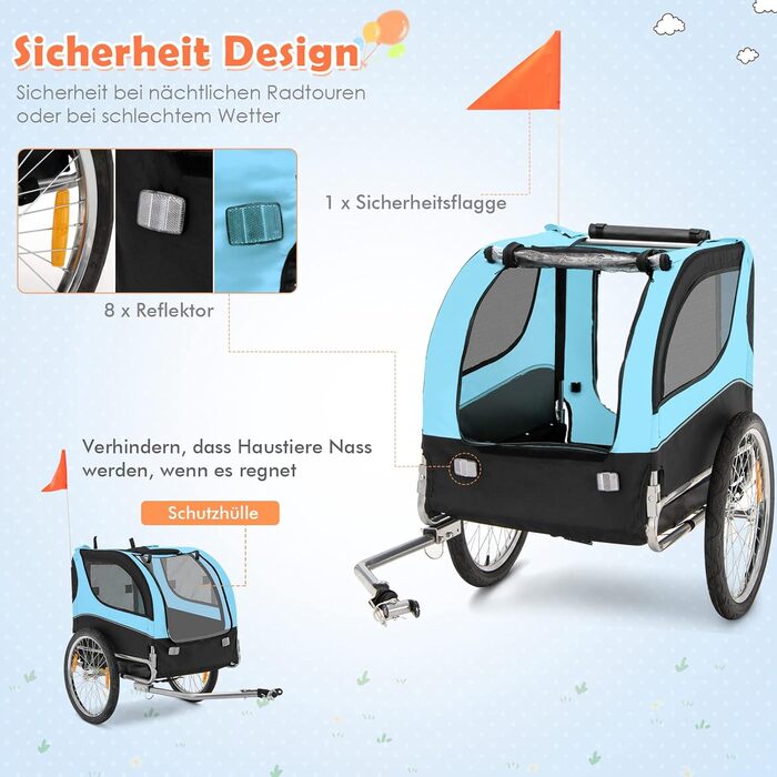 Haustieranhänger GOPLUS для собак та інших тварин: дихаючий, з 3 входами, безпечний, з прапорцем та відбивачами, для середніх собак (блакитний)