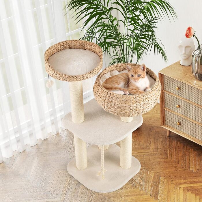 Драбина-стінка для котів GOPLUS з сизалевими стовпчиками, м'ячиком, гачком, просторою платформою, гніздом з соломи та стійкою конструкцією. Підходить для кількох котів (Бежевий)