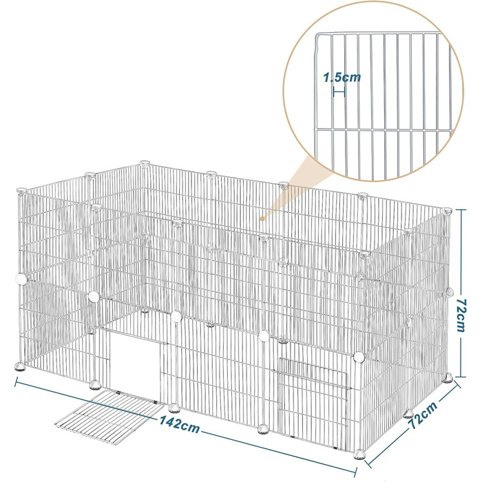 Клітка для кроликів та інших дрібних тварин EUGAD з дверцятами, розширювана, 142x72x36 см, металевий каркас, білий колір