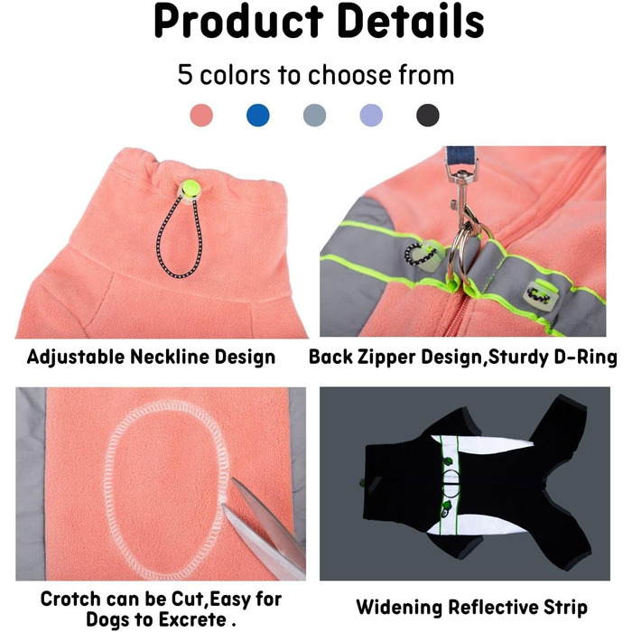 Флісова тепла куртка для собак на зиму, Onesie для цуценят з регульованою талією, D-кільцем та світловідбиваючими смугами, теплий одяг для собак, костюм для маленьких та середніх собак_L (L:Обхват грудей:48см/18.8дюймів; довжина спини:33см/12.9дюймів, рож