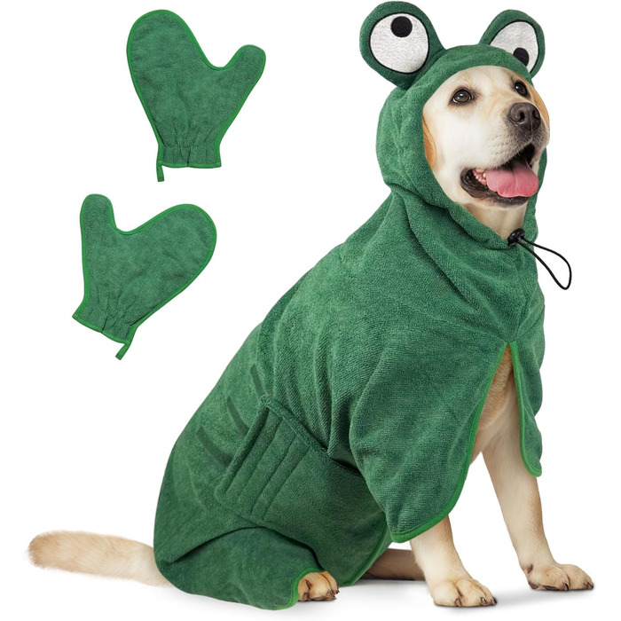 Рушник для собак JOLOV E Dog, супер вбираючий, для сушіння після купання, м'який, з регульованою застібкою, для лазні, плавання, прогулянок у дощ, розмір L, колір зелений, зображення жаби