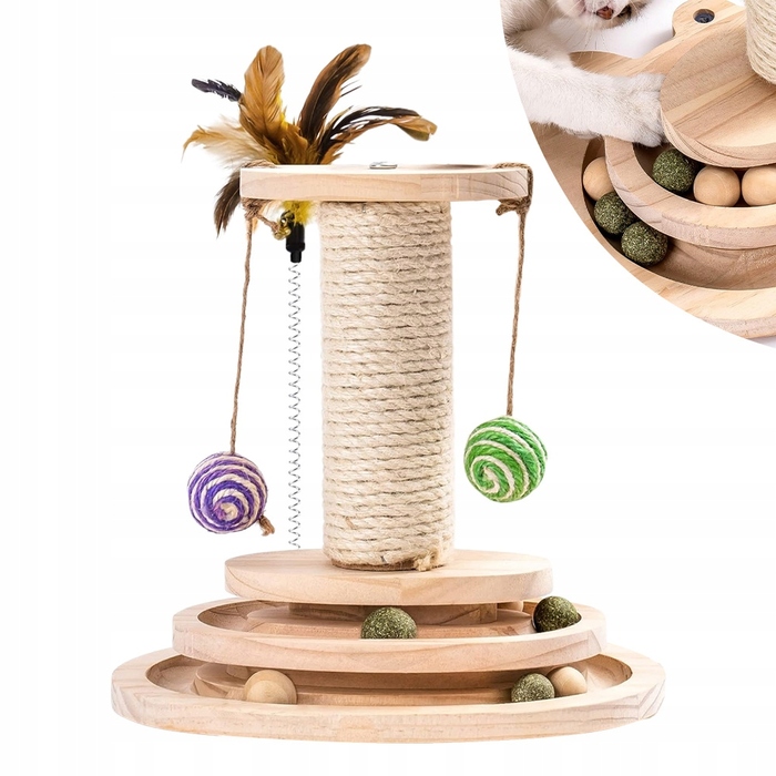 Інтерактивна дерев'яна іграшка-драбалка для котів з м'ячиком
